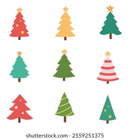 Set of Christmas trees with different decorations. Evergreen forest. Holiday design for cards, banners, packaging and textiles. Traditional symbol of Christmas and New Year. Vector illustration.