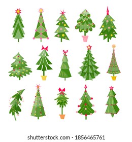 Conjunto de Árboles de Navidad con un diseño diferente. Ilustración aislada de vector colorido en estilo plano para la decoración navideña de afiches, postales, regalos, publicidad, folletos.