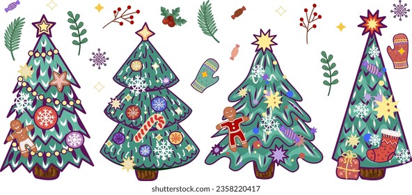 Set of Christmas trees with different ornaments. Vector illustration.