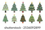 Set of Christmas trees of different shapes with garlands, balls and toys. Vector Christmas trees in flat style on white background.	
