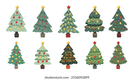 Set of Christmas trees of different shapes with garlands, balls and toys. Vector Christmas trees in flat style on white background.	
