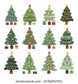 Conjunto de árboles de Navidad de diferentes Formas con guirnaldas, bolas y juguetes. Vector Árboles de Navidad en estilo plano sobre fondo blanco.	
