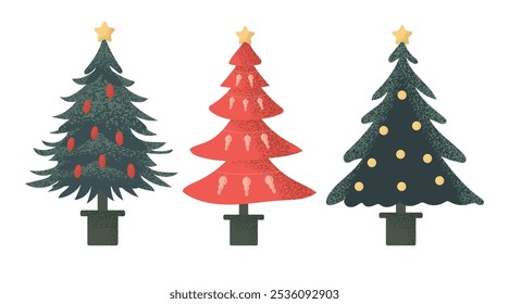 Set of Christmas trees of different shapes with garlands, balls and toys. Vector Christmas trees in flat style on white background.	
