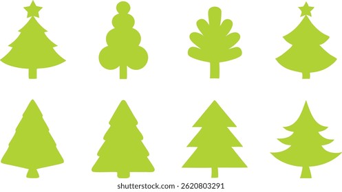 Set of Christmas trees, different shapes and styles, black color, isolated on white background