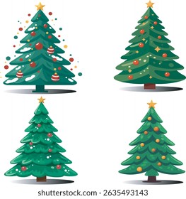 Conjunto de árvores de Natal de diferentes formas com guirlandas, bolas e brinquedos. Árvores de Natal vetorial em estilo plano sobre fundo branco.	