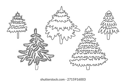 set of Christmas trees in different shapes, doodle. Minimalistic evergreen elements for holiday greeting cards, winter seasonal decor, coloring pages, or forest-themed graphic design.
