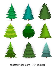 Set of Christmas trees of different shapes and shades on a white background. Design Elements for Christmas and Winter Holidays