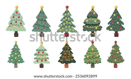 Set of Christmas trees of different shapes with garlands, balls and toys. Vector Christmas trees in flat style on white background.	
