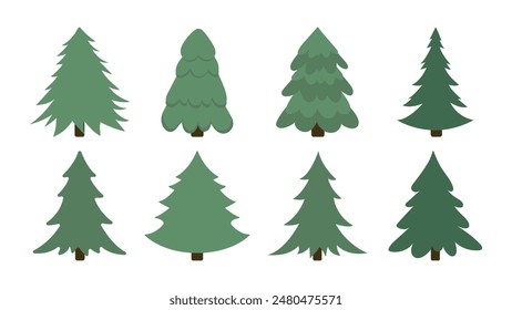 Conjunto de árboles de Navidad de diferentes Formas simples sobre fondo aislado blanco. Nuevo año. Vector