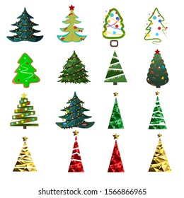 Set of Christmas trees in different styles decorated with toys, garlands, candies. Christmas trees in low poly style. Isolated on a white background. Christmas mood and coziness.