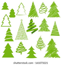 Set of christmas trees. Different styles. Hand drawn.
