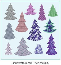 Set of Christmas trees with different textures in green and blue colors. Hand drown vector illustration for greeting cards, invitations, Christmas decoration