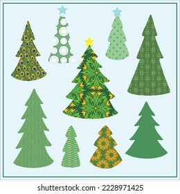 Conjunto de árboles de Navidad con diferentes texturas en colores verdes. Ilustración vectorial de mano ahogada para tarjetas de felicitación, invitaciones, decoración navideña