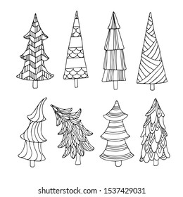 Set of christmas trees. Doodle coloring page. Vector illustration.