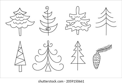 Set of Christmas trees in doodle style. Icons. New Year vector illustration. White isolated background.