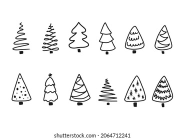 Set Christmas trees in doodle style for winter design. Collection hand drawn spruce isolated on whit background. Vector illustration