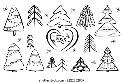 Set with Christmas trees in doodle style.