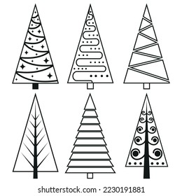 A set of Christmas trees in the doodle style, black outline. Isolated vector illustration.