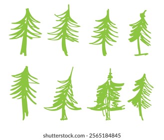 A set of Christmas trees in the doodle style hand-drawn