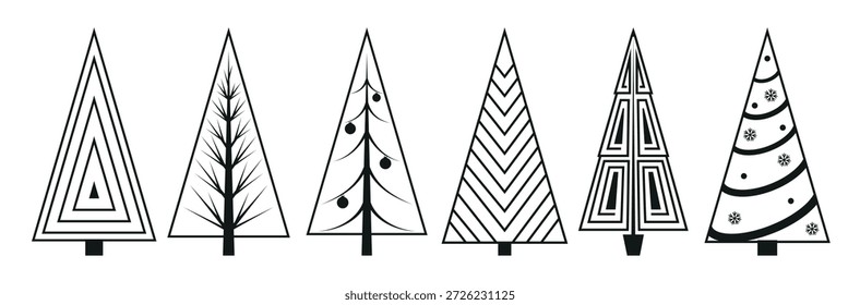 Conjunto de árvores de Natal no estilo doodle contorno preto