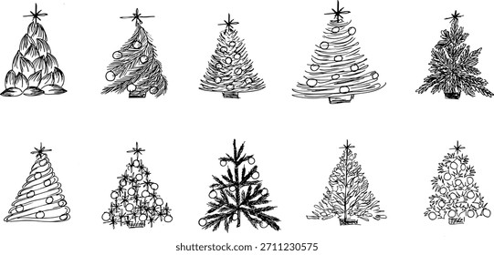 Un conjunto de árboles de Navidad dibujados en blanco y negro
