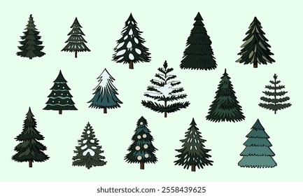Set with Christmas trees. Evergreen trees in different versions. Christmas trees. Vector cartoon illustration, for creating postcards, posters