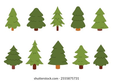Set of Christmas trees. Evergreen forest. Holiday design for cards, banners, packaging and textiles. Traditional symbol of Christmas and New Year. Vector illustration.