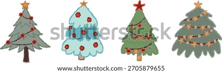 Set of Christmas trees. Festive tree with garlands and balls on white background. Vector New Year illustration. Adobe fresco brush.