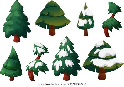 Set of Christmas trees, fir trees on transparent background with snow and without