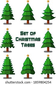 Set of Christmas Trees, Fir Trees with Stars, Winter Holiday Symbols Isolated on White. Vector