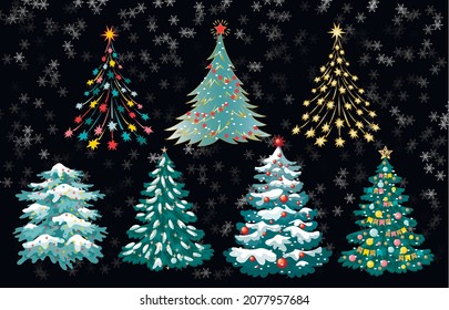 
Set of Christmas trees fireworks vintage retro. Set of stylized Christmas trees with toys, Christmas tree under the snow. Vector illustration.