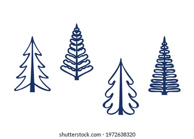 Set of Christmas trees or firs. Design elements for the winter season in a simple vintage Scandinavian style. Isolated vector doodle objects on white background