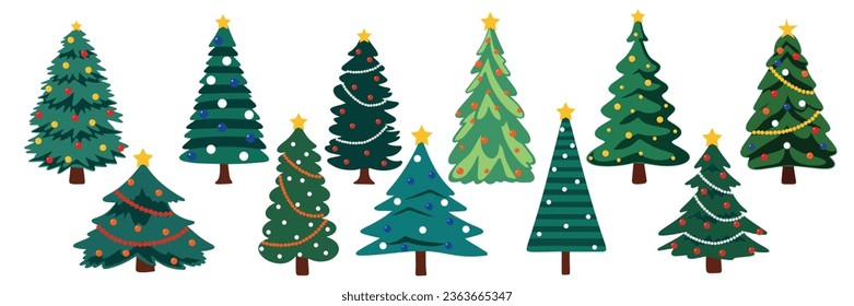 Set of Christmas trees in flat style. Collection of pine tree with decoration for Christmas. 