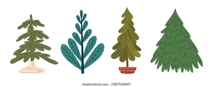 Conjunto de árboles de Navidad de estilo plano. Árboles navideños escandinavos para Año Nuevo. Ilustración del vector
