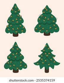 Weihnachtsbäume mit Girlanden. Flache Vektorgrafik.