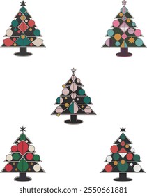 Set of christmas trees in geometrical style. Xmas trees in modern minimalist geometric style. Story templates, posters, cards. Colorful illustration in flat cartoon style. 