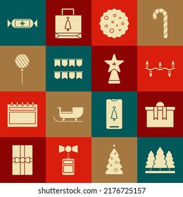 Set Christmas trees, Gift box, lights, Cookie or biscuit with chocolate, Carnival garland flags, Lollipop, Candy and star icon. Vector