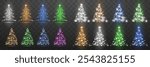 Set of Christmas trees with glitter stars vector in gold, blue, white, green and purple colors.New Year holiday.Shining trees.EPS 10.