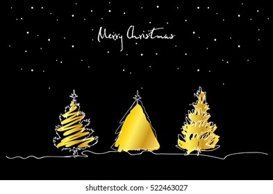 Set of Christmas trees with gold on black background. Merry Christmas greeting card. Vector.