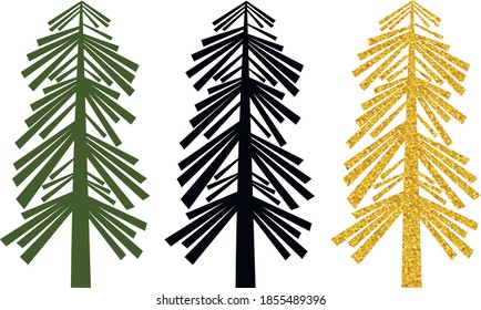Set Christmas trees green black silhouettes gold glitter vector illustration