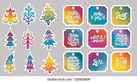 Set of Christmas trees and greeting lettering tags