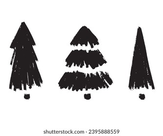 Set of Christmas trees in grunge style on a white background. Silhouettes of a New Year's tree. Elements for the design of jewelry, cards, stickers.