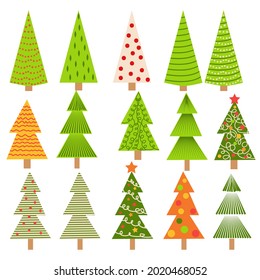 set of christmas trees. Hand drawing fir tree, Christmas ornaments, stars and snowflakes. Holiday poster with Christmas symbols.