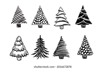 Set of Christmas trees hand drawn. Vector illustration.
