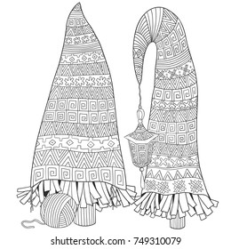 Set of Christmas trees. Hand-drawn decorative elements in vector. Xmas adult coloring book page. Black and white. Scandinavian style.