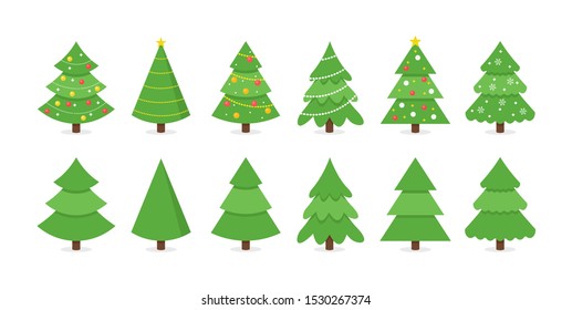 Set of Christmas trees. Happy new year, xmas decorations. Garlands, snowflakes, light bulb, star. Winter holidays. Vector ilustration.