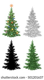 Set Christmas Trees, with Holiday Decorations, Star, Snowflakes, Balls and Garland, Green Naturalistic and Black Contours and Silhouettes Isolated On White. Eps10, Contains Transparencies. Vector