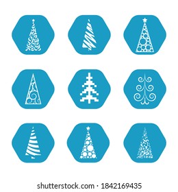 Set of Christmas trees icons isolated on white. Templates for decor, design, social media, web pages and sites.