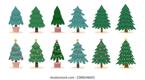 Set of Christmas trees isolated decorated and undecorated. Christmas concept.