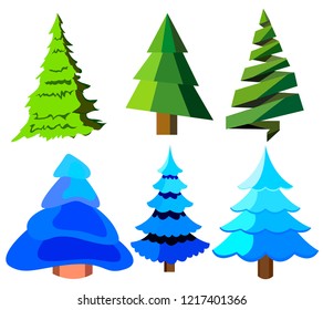 Set of Christmas trees. Isolated icon. Cartoon style. Vector illustration for christmas.
